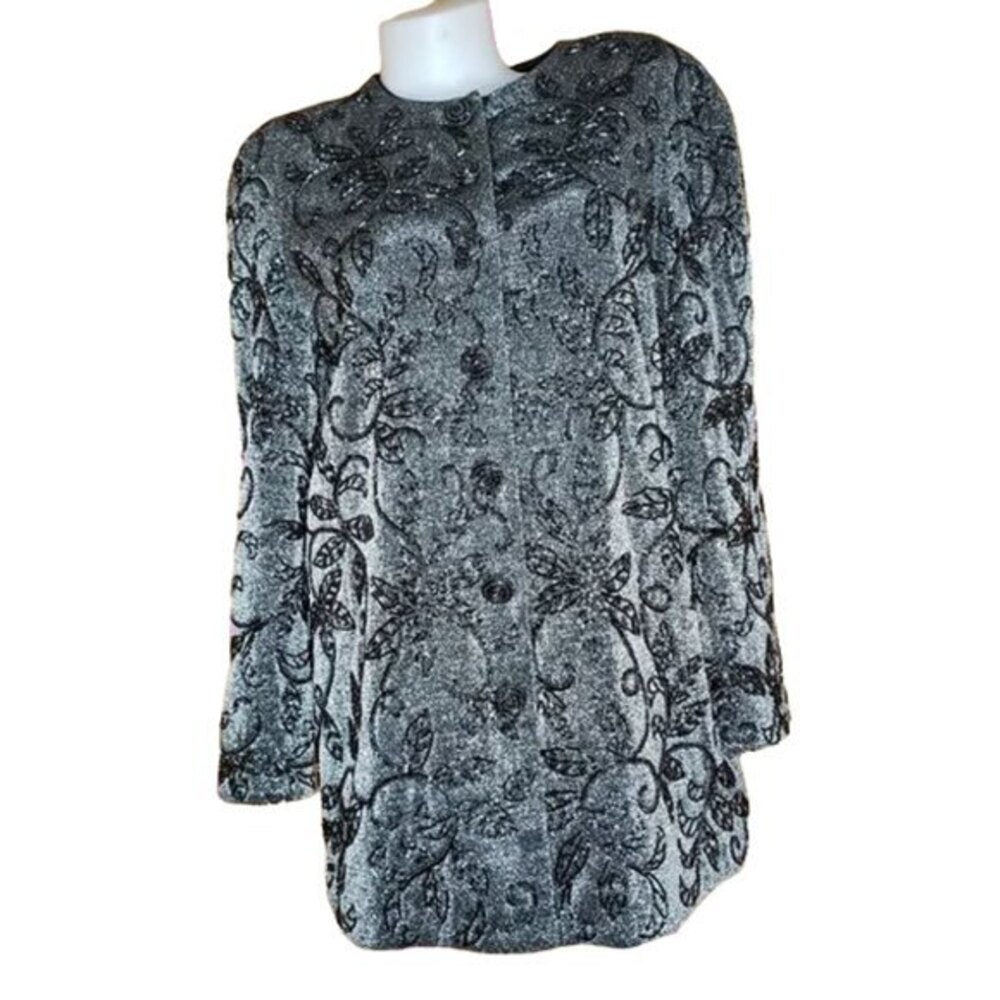 Vintage Carmen Marc Valvo Silver Black Beaded Longline Evening Jacket Blazer 12